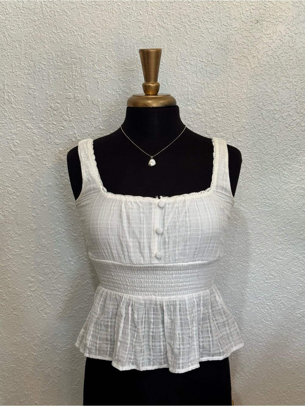 miami White Smocked Peplum Tank with Button Front